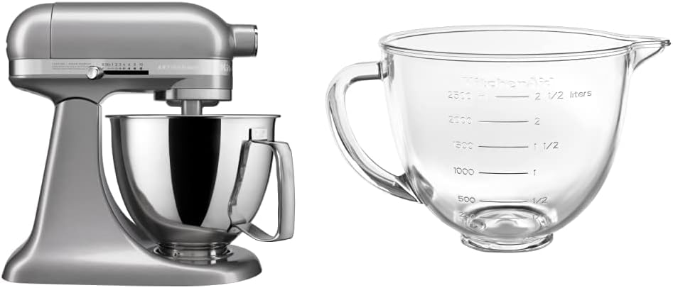 KitchenAid Artisan Mini 3.5 Quart Tilt-Head Stand Mixer - KSM3316X - Contour Silver and KitchenAid 3.5 Quart Tilt-Head Glass Bowl - KSM35GB