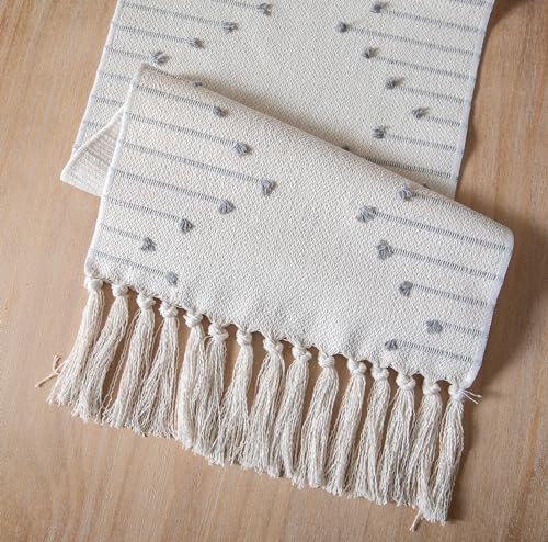 Christmas Table Runner 13 x 90 Inch Cotton Woven with Tassels Red and Beige B398787