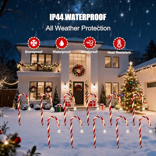 Candy Cane Solar Pathway Lights, 10 Pack, 8 Modes, Waterproof Outdoor Christmas Decor D9906