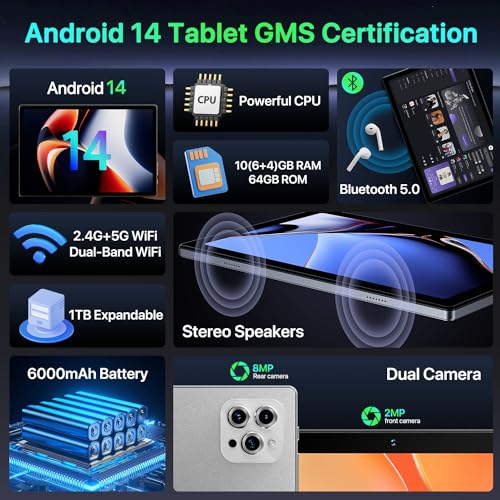 10 inch Android 14 Tablet, Octa-Core, 10GB RAM 64GB ROM, 6000mAh Battery L78477