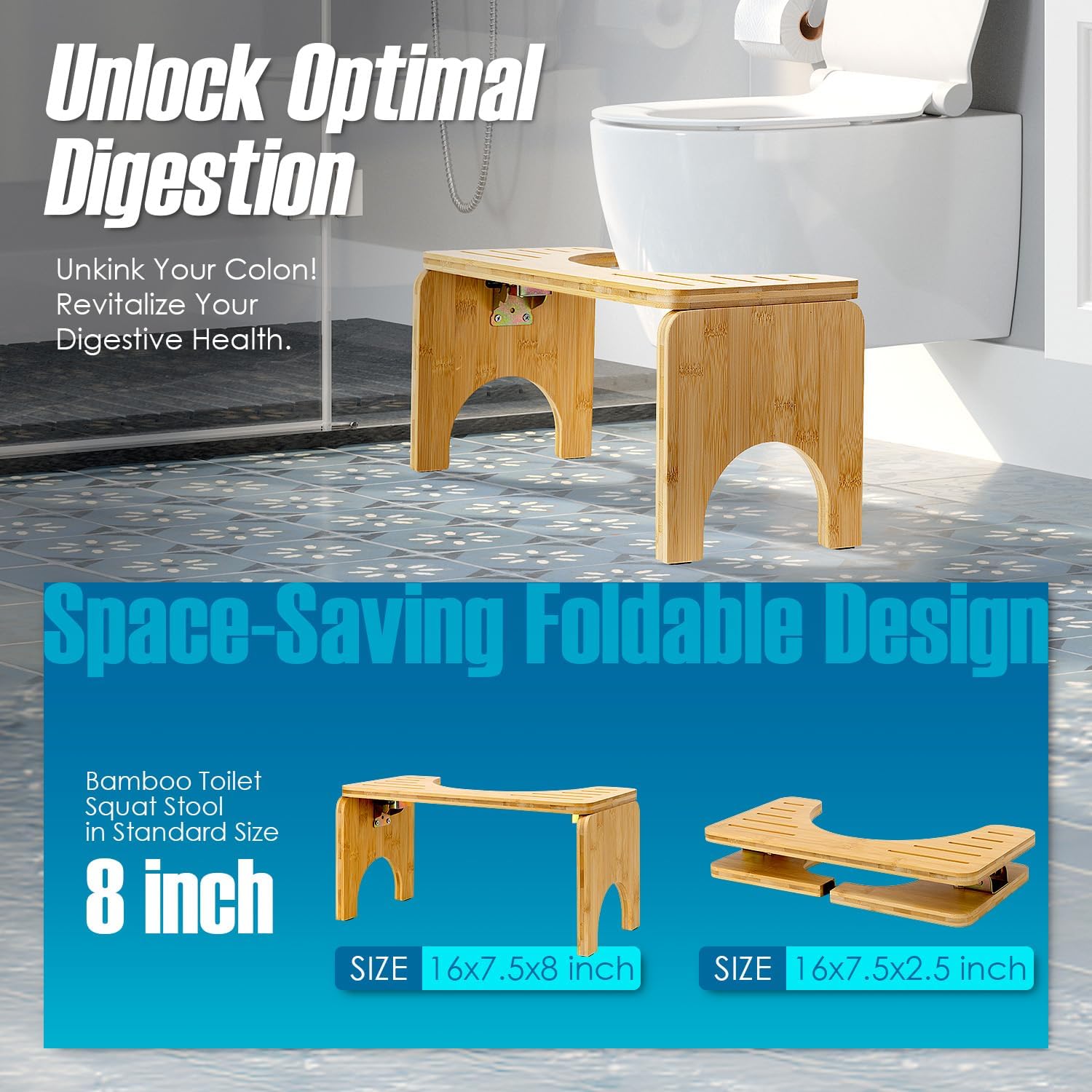 Foldable Bamboo Toilet Squat Stool with Non-Slip Pads I718