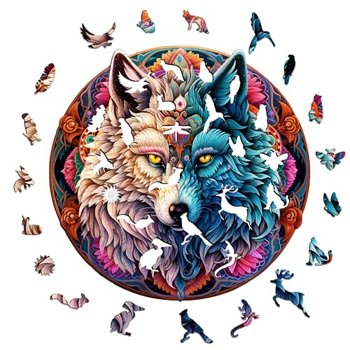 Wooden Puzzle for Adults, Mandala Yin Yang Wolf, 190 Pieces A623