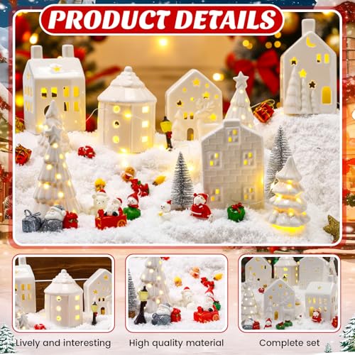 White Christmas Village Set with 30 Mini Figurines and LED Lighted Houses Q119