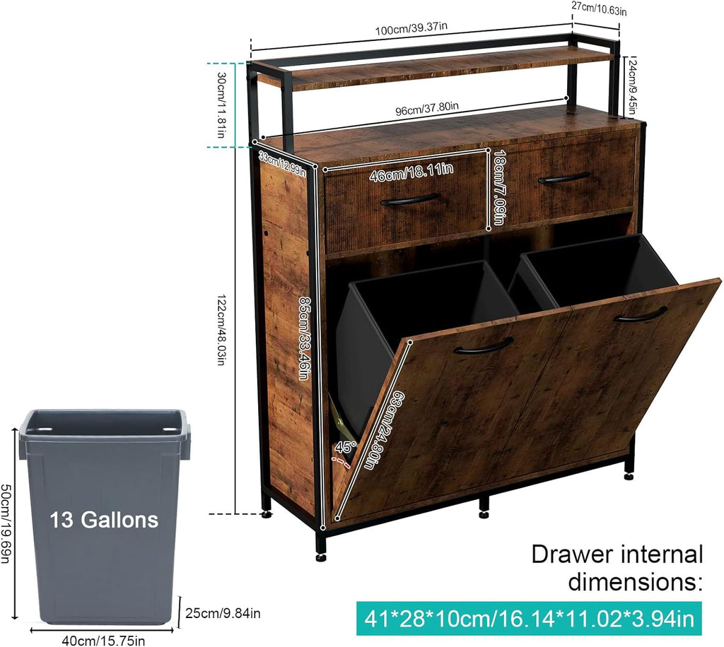 Tilt Out Trash Cabinet with 2 Drawers and Shelf, 10 Gallon P533