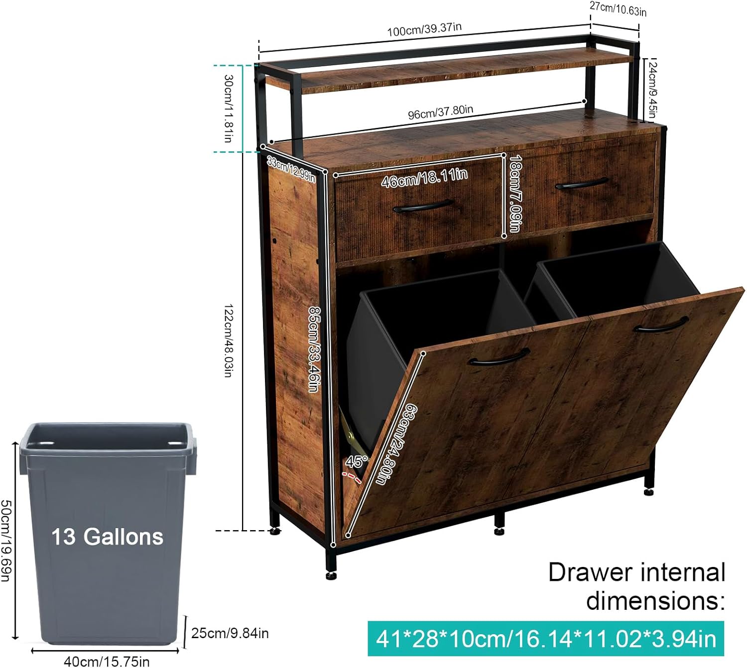 Tilt Out Trash Cabinet with 2 Drawers and Shelf, 10 Gallon P533