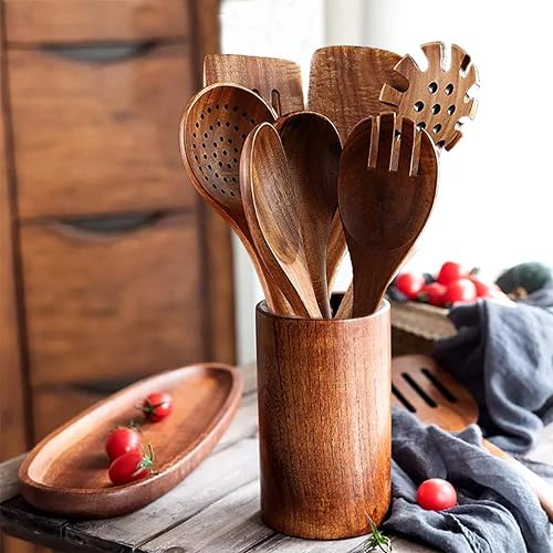 Natural Teak Wooden Spoons for Cooking, 10-Piece Kitchen Utensil Set I607645