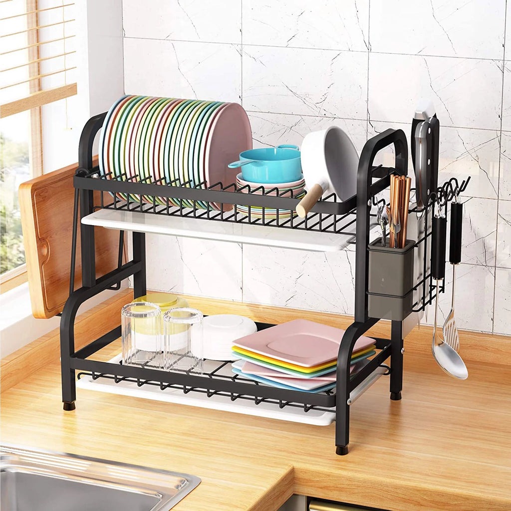 Over the Sink Dish Drying Rack - Adjustable 2-Tier Large Kitchen Organizer with Cutting Board Holder Y932
