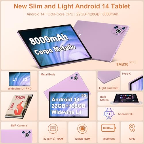 Android 14 Tablet, 10.1 Inch Touchscreen, 22GB RAM, 128GB Storage, 8000mAh Battery Q44120