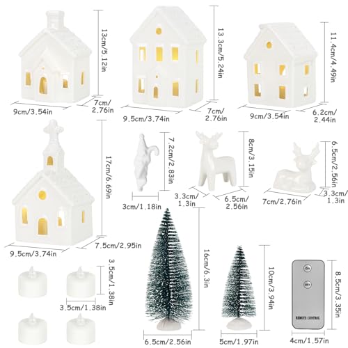 Christmas Village Set with 4 Lighted Ceramic Houses, 2 Trees, 2 Deer & Santa Y953107