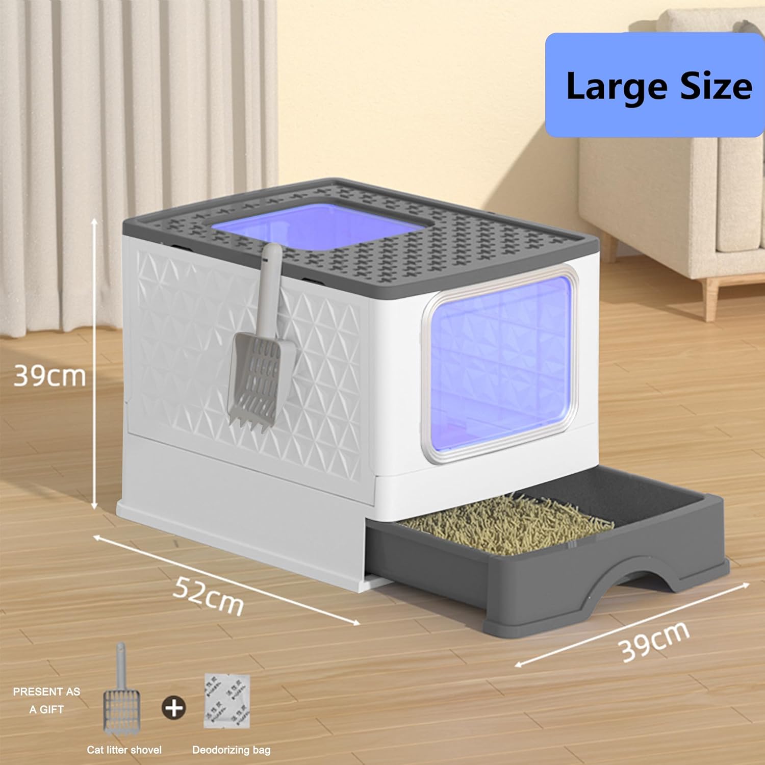Foldable Enclosed Cat Litter Box with Scoop, Top Exit P47477