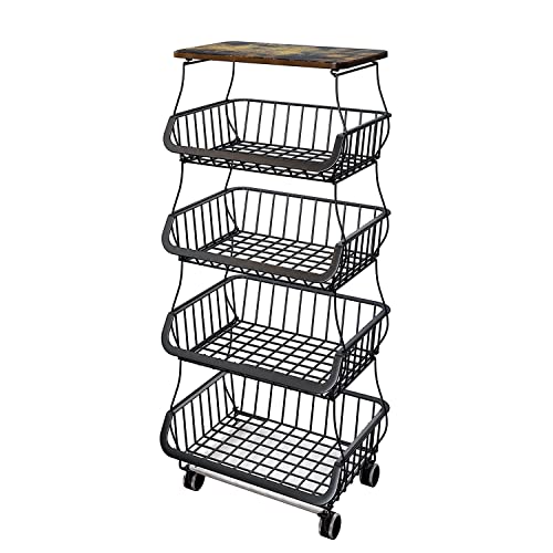 5 Tiers Kitchen Storage Baskets with Wheels, Metal Vegetable Fruits Baskets Storage Cart Pantry Snack Cart for Kitchen Bathroom Living Room