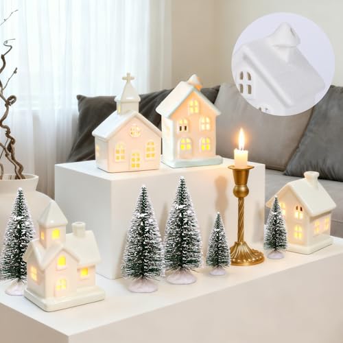 7PCS Christmas Village Sets - 3 LED Lighted Ceramic Houses with Remote & 4 Trees D535