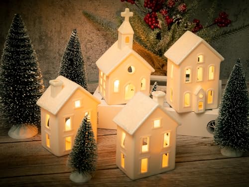 7PCS Christmas Village Sets - 3 LED Lighted Ceramic Houses with Remote & 4 Trees D535
