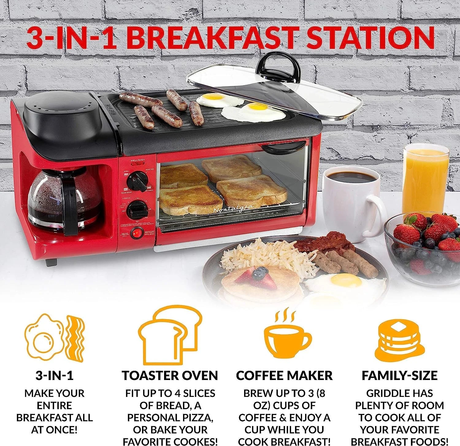 3-in-1 Breakfast Station with Coffee Maker, Griddle, and Toaster Oven K148033