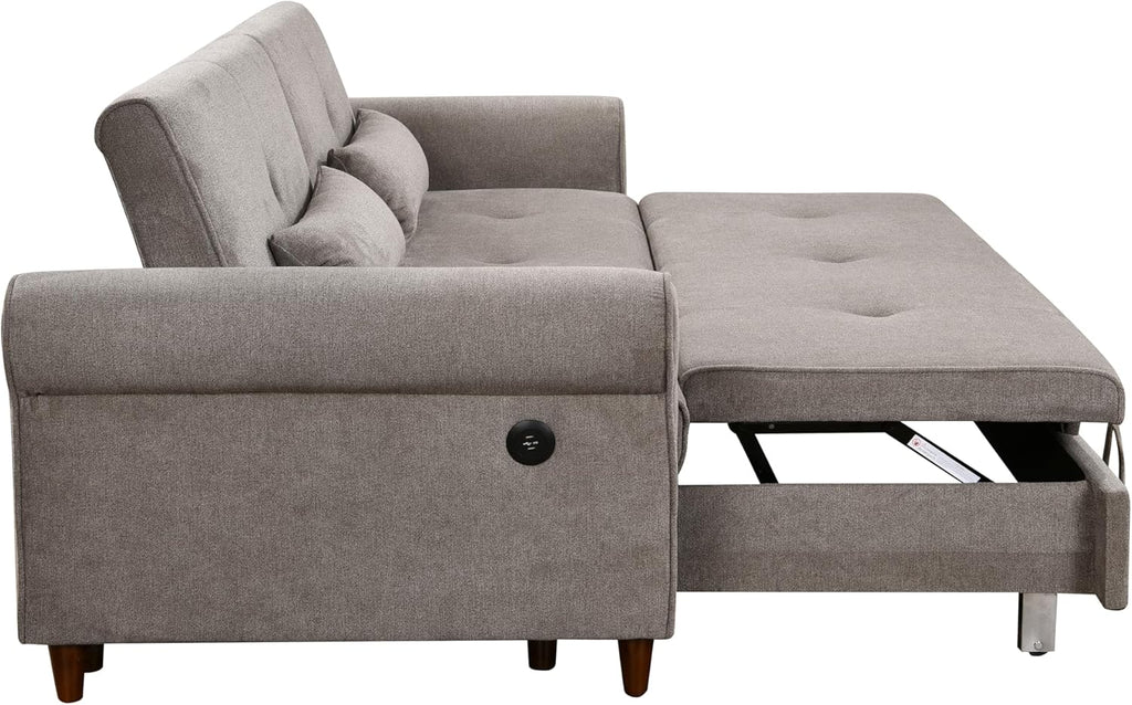 Convertible Sleeper Sofa Bed with Pullout Bed and USB Port, Brown O1037