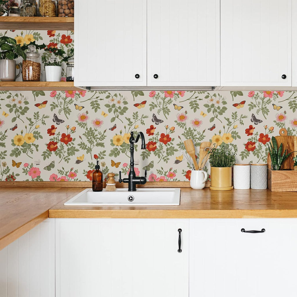 Butterflies Floral Wallpaper Peel and Stick Mural Removable for Bedroom Bathroom S65851