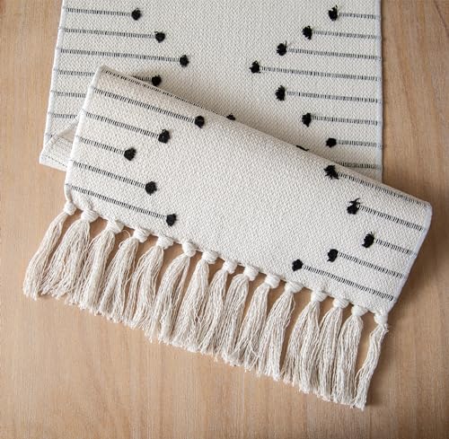 Christmas Table Runner 13 x 90 Inch Cotton Woven with Tassels Red and Beige B398787