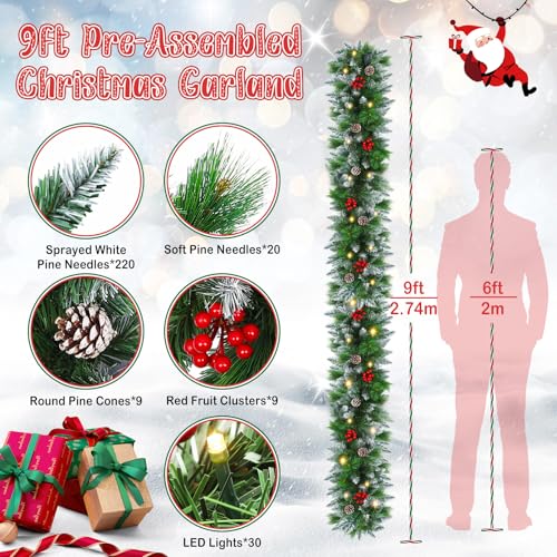 Flocked Pre-Lit Christmas Garland with 30 LED Lights, Red Berries and Pine Cones E701722