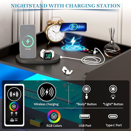 Nightstand with Charging Station, LED Night Stand with 24 Colors, 3 Drawers and Open Storage, USB Ports for Bedroom, White R1651