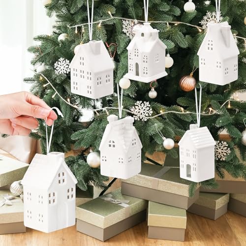 Set of 6 White Ceramic Christmas Village Houses Tabletop Decorations U141