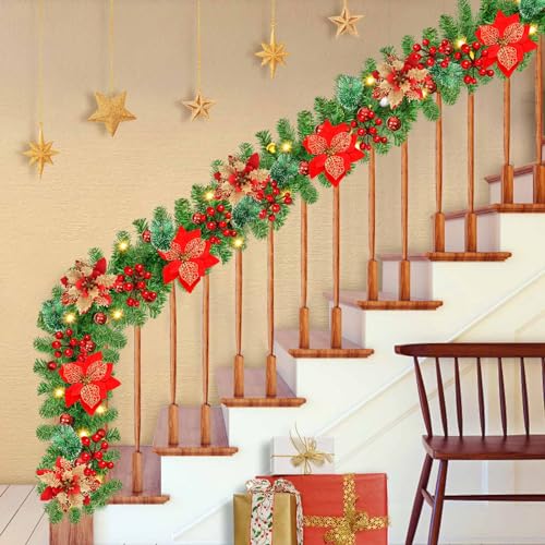Pre-lit Christmas Garland with LED Lights, Red Flowers and Berries Y488109