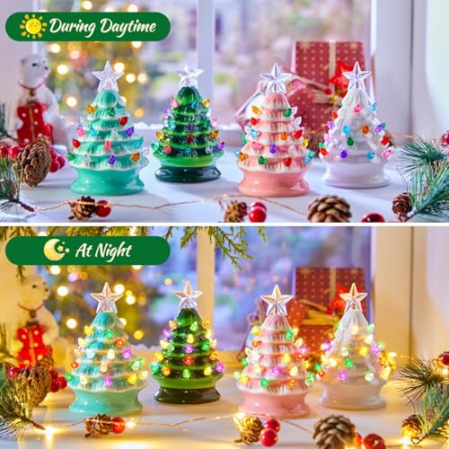 5 Inch Mini Ceramic Christmas Tree Set - 4 Pack Pre-lit Tabletop with Multicolored LED Lights Y881548