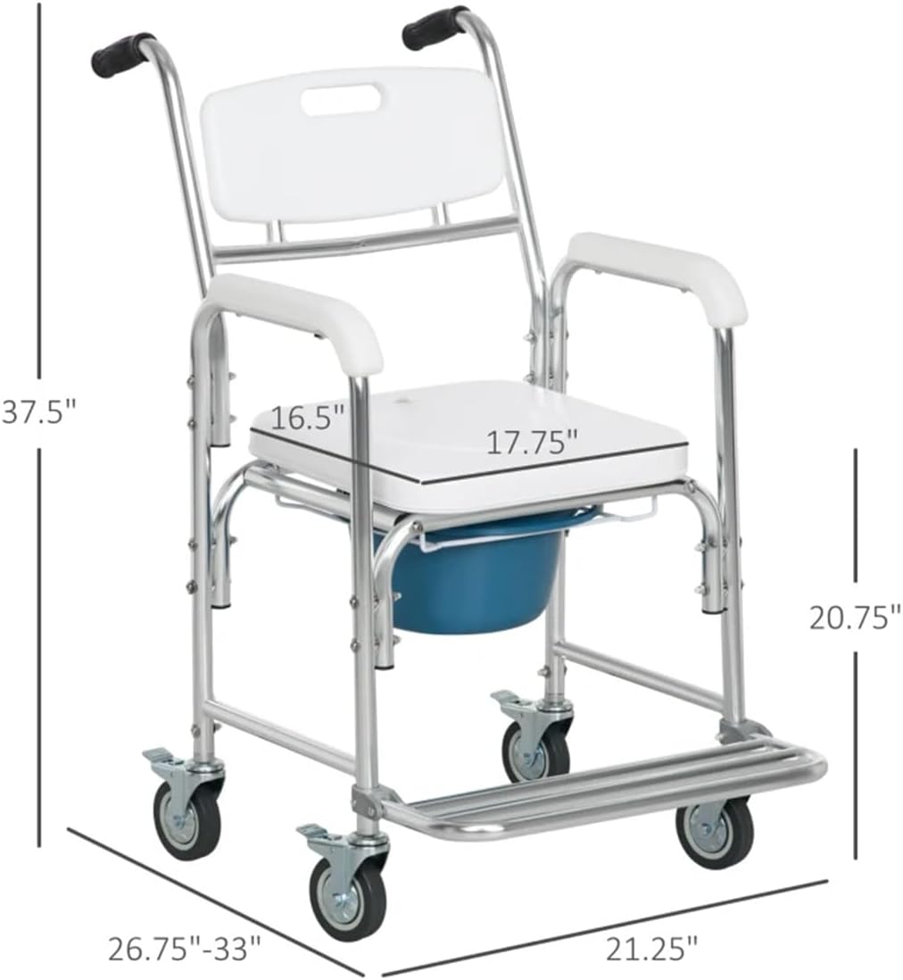 Shower Wheelchair with Commode, 4 Lockable Wheels, Adjustable I31146