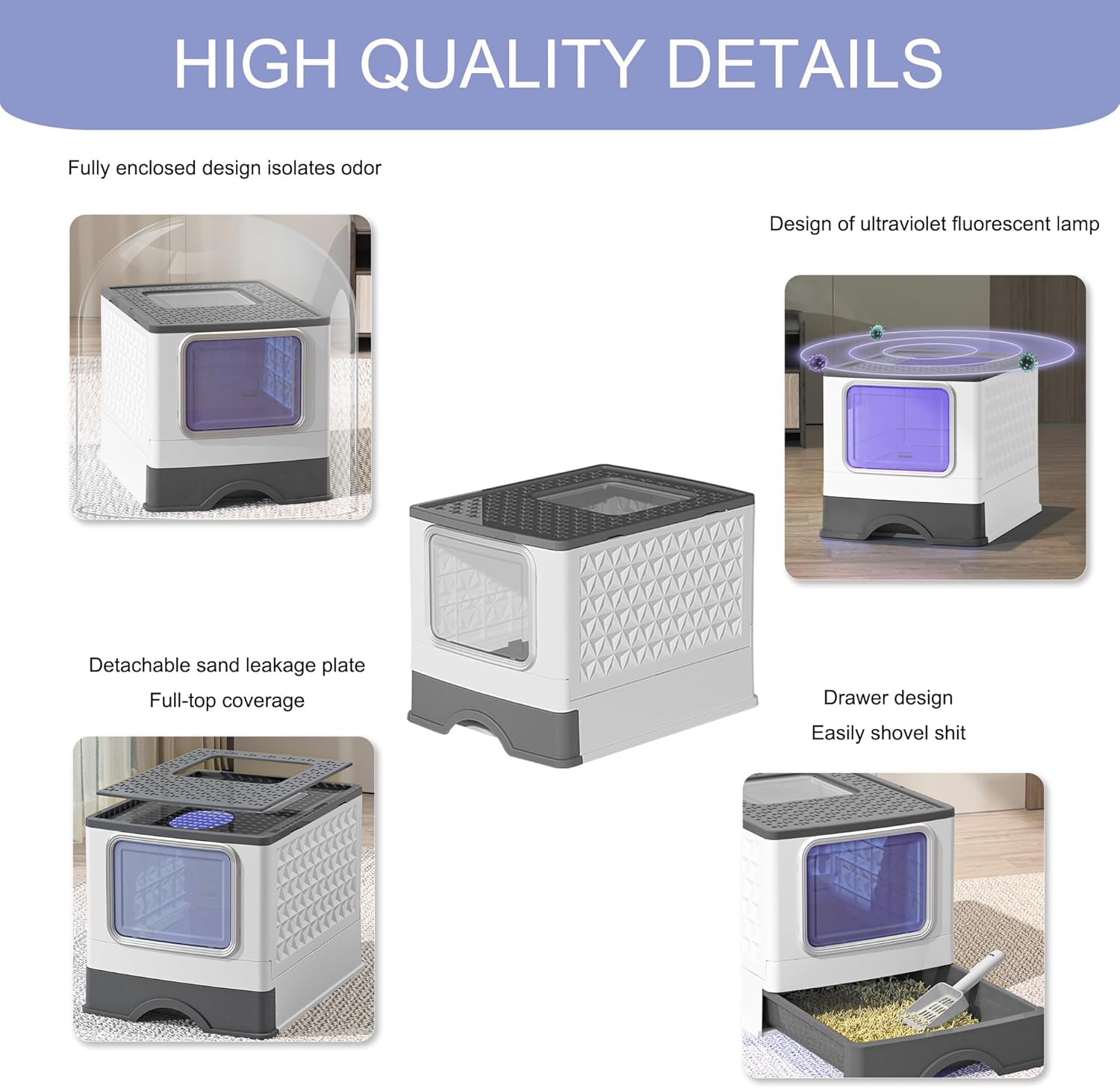 Foldable Enclosed Cat Litter Box with Scoop, Top Exit P47477