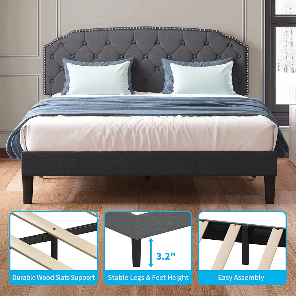 Queen Size Platform Bed Frame with Tufted Upholstered Headboard, Dark Grey E37329