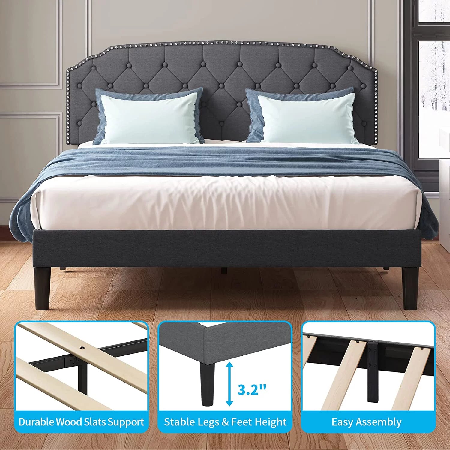 Queen Size Platform Bed Frame with Tufted Upholstered Headboard, Dark Grey E37329