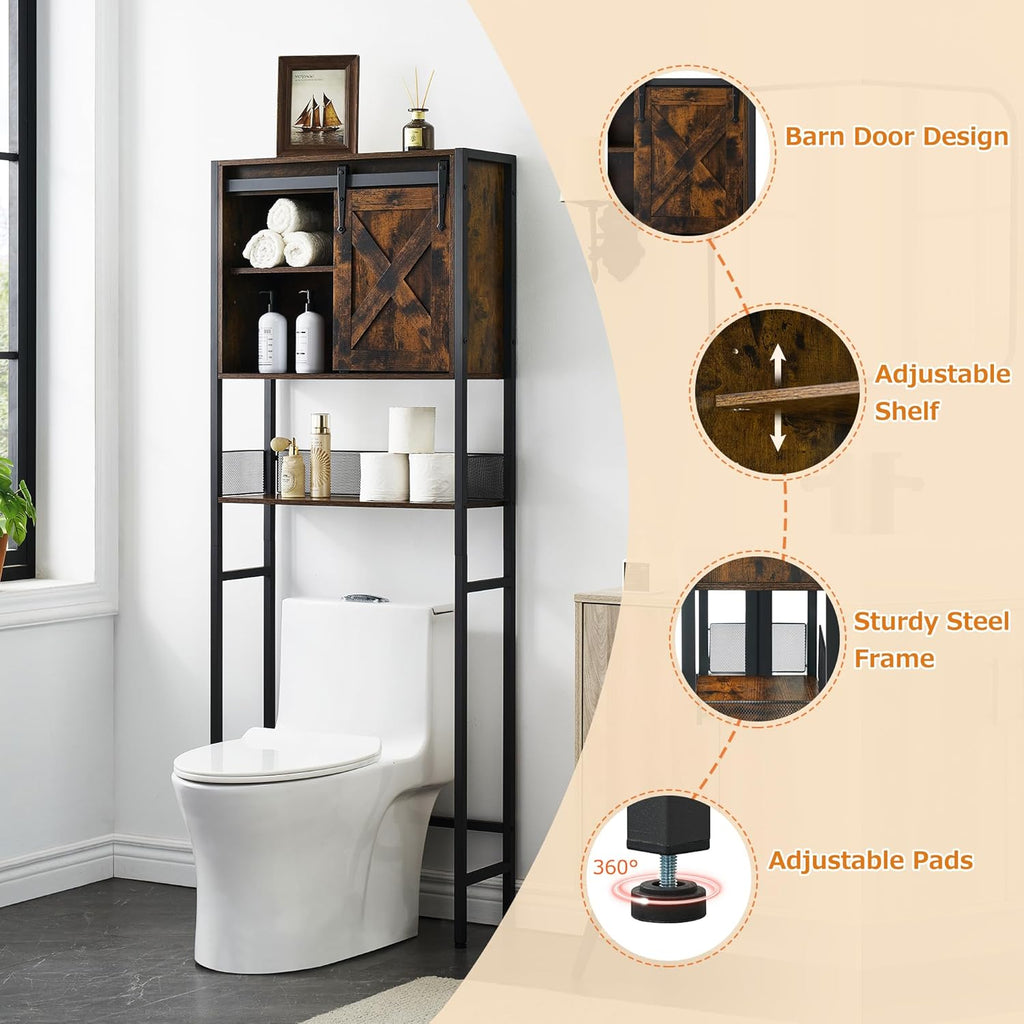 Over the Toilet Storage Cabinet with Sliding Door and Adjustable Shelf, Rustic Brown X683778