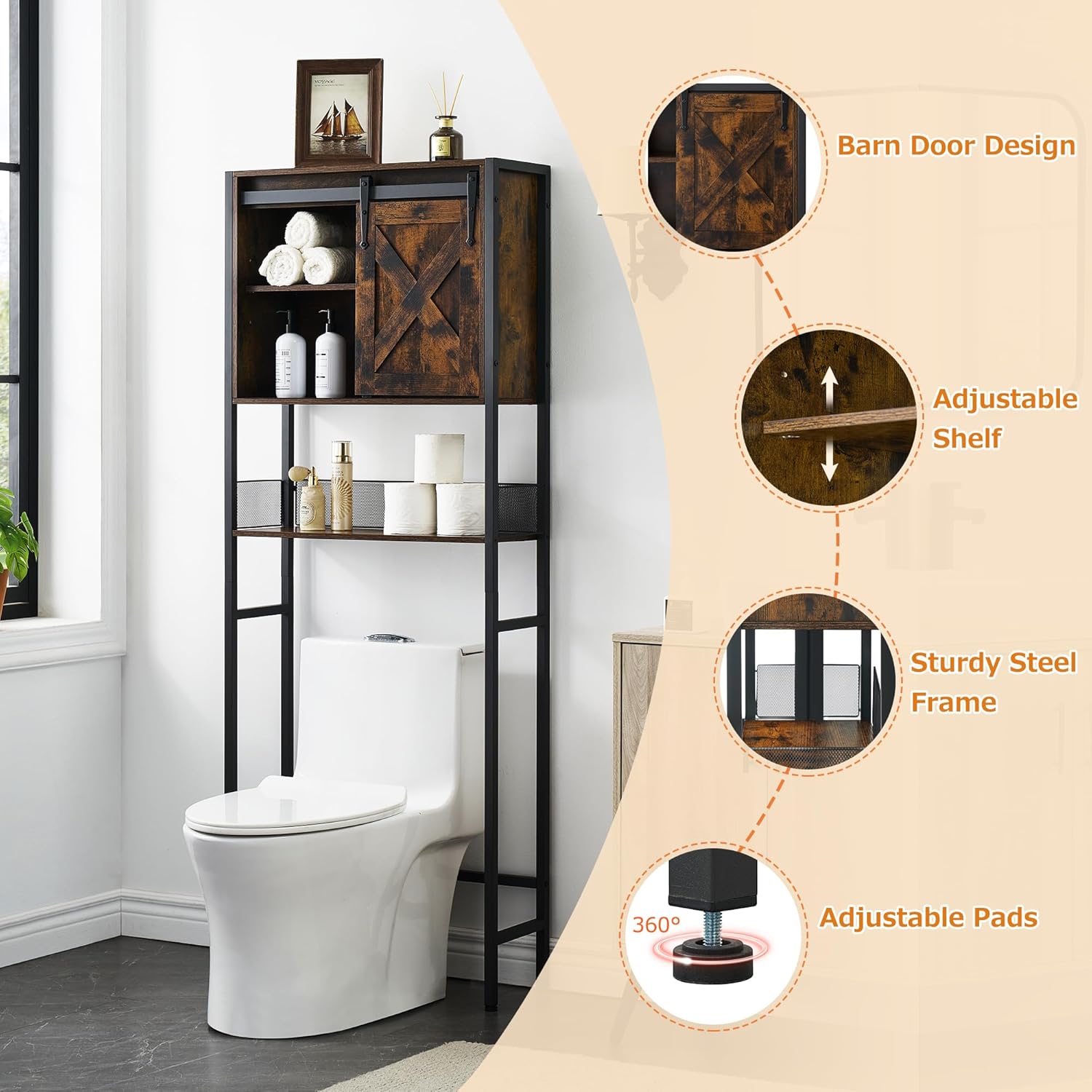 Over the Toilet Storage Cabinet with Sliding Door and Adjustable Shelf, Rustic Brown X683778