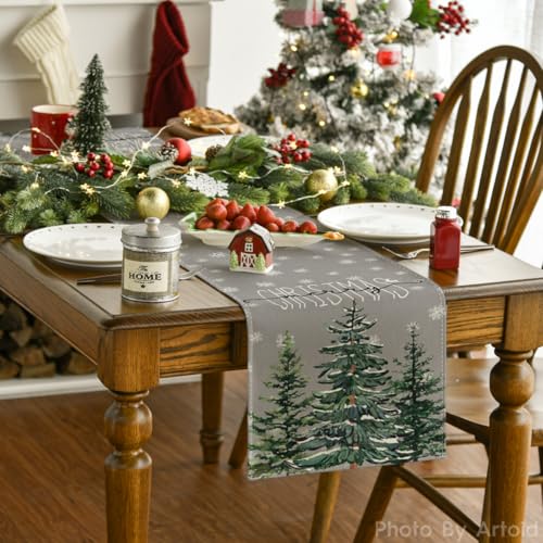 Beige Pine Tree Snowflake Christmas Table Runner, Winter Holiday Kitchen Dining Decoration, 13 x 72 Inch B27382