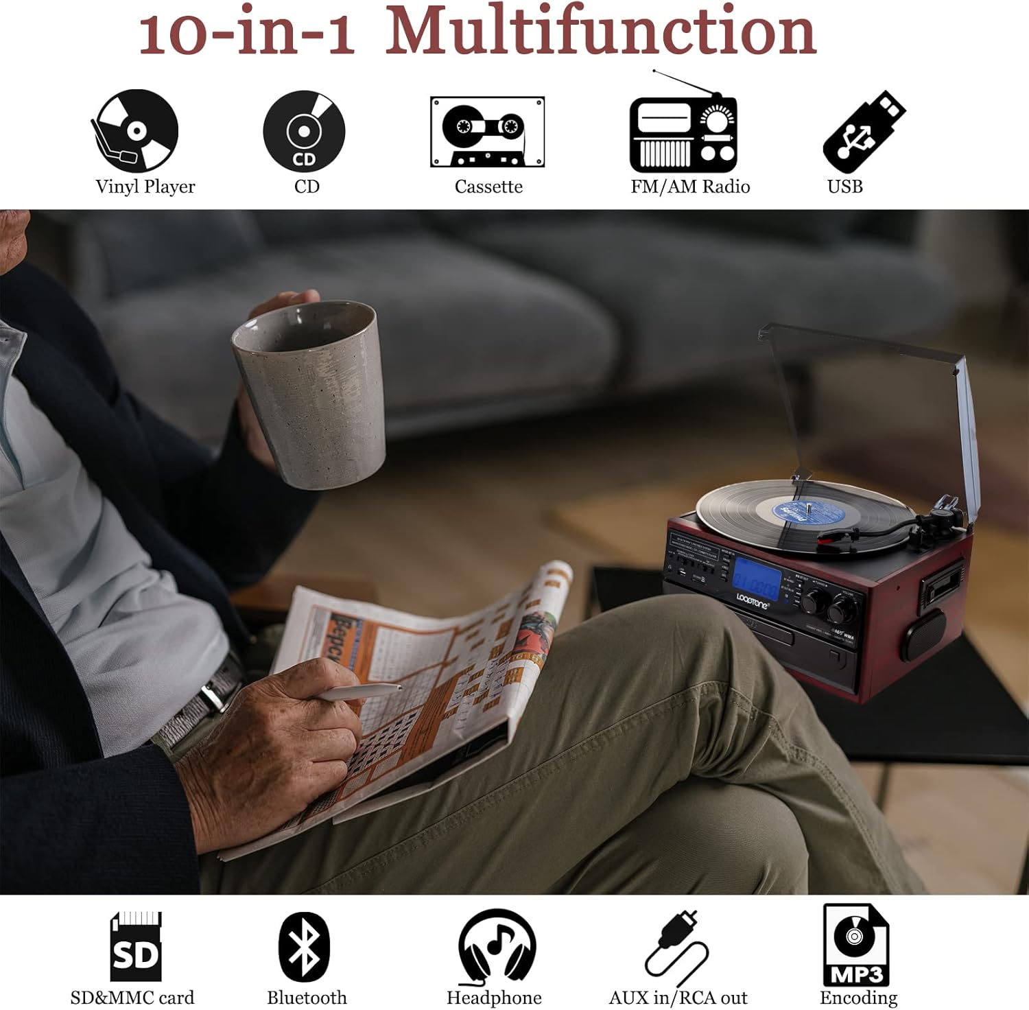 10 in 1 Bluetooth Record Player with Vinyl Turntable, CD, Cassette, AM/FM Radio N5434