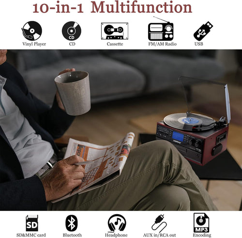 10 in 1 Bluetooth Record Player with Vinyl Turntable, CD, Cassette, AM/FM Radio N5434