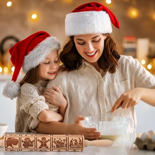 17" Wooden Rolling Pin for Baking with Christmas Embossed Designs, 3mm Deep Cookie Molds, Includes Cleaning Brush L8431
