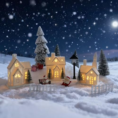 White Ceramic Christmas Village Houses with LED Lights, 3-Piece Set W44352