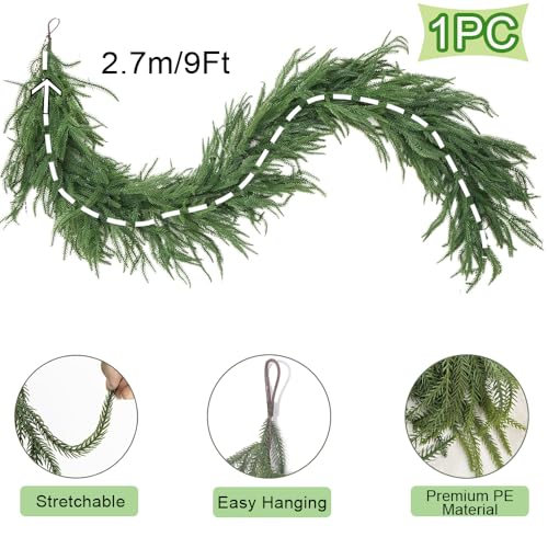 9 Ft Christmas Garlands Norfolk Pine Artificial Faux Greenery for Holiday Indoor Outdoor Decor P492
