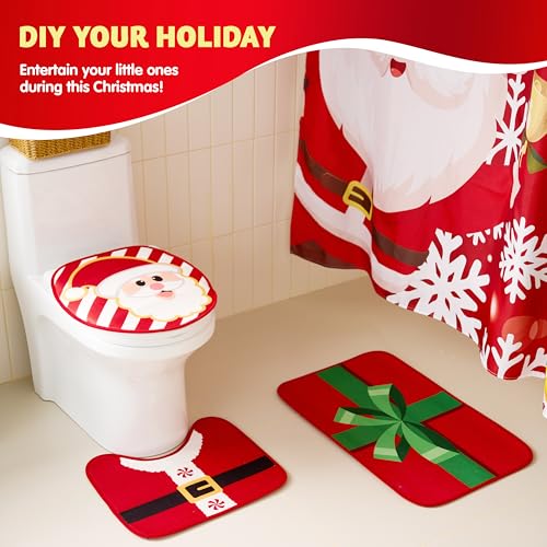 Christmas Bathroom Set with Shower Curtain, Bath Mat, Toilet Cover, Rug & Hooks T26855