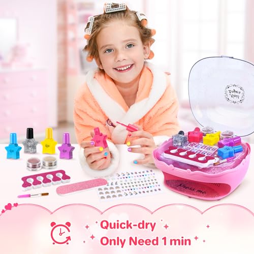 Nail Polish Kit for Girls Ages 7-12, Nail Art Studio with Pink Nail Dryer T44069
