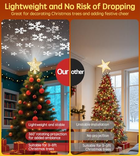 Christmas Tree Star Topper with LED Snowflake Projector, Plug In for Indoor Holiday Decor K8471