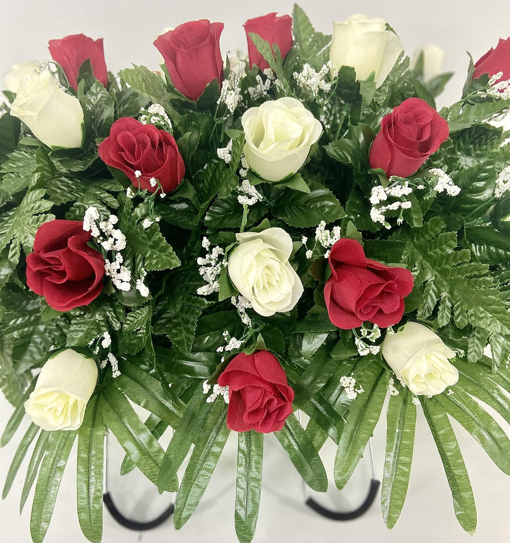 Red and Cream Rose Saddle Arrangement for Headstone E61609