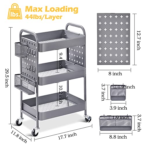 3-Tier Metal Rolling Storage Cart with Pegboards and Baskets S25376