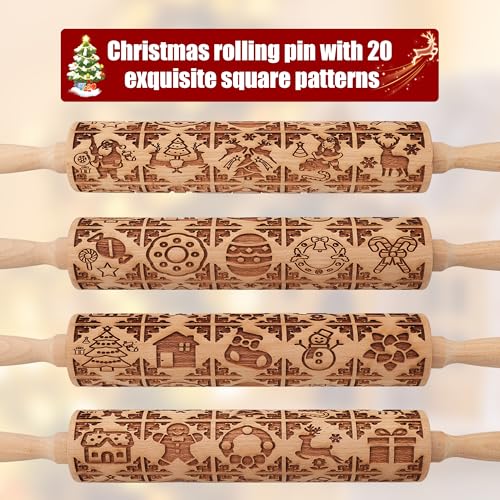 17" Wooden Rolling Pin for Baking with Christmas Embossed Designs, 3mm Deep Cookie Molds, Includes Cleaning Brush L8431