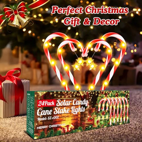 24-Pack Solar Christmas Candy Cane Lights, Waterproof Outdoor Pathway Decor with 10 Modes A146044
