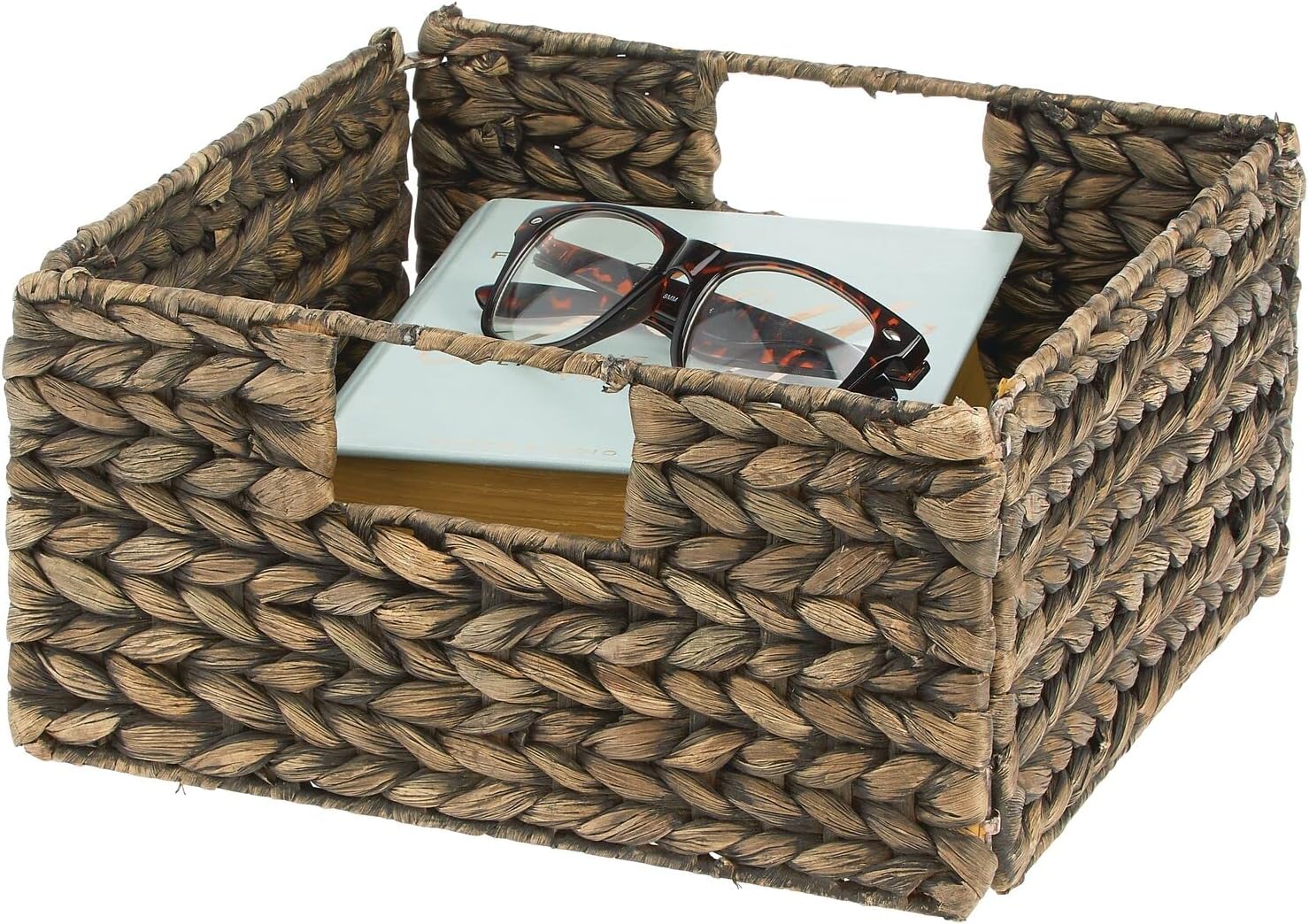 Woven Hyacinth Storage Bin Basket Organizer with Handles, Foldable Square Bins, 4 Pack, Brown Wash F786