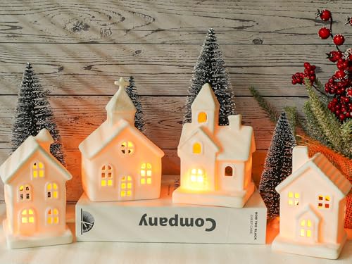 7PCS Christmas Village Sets - 3 LED Lighted Ceramic Houses with Remote & 4 Trees D535