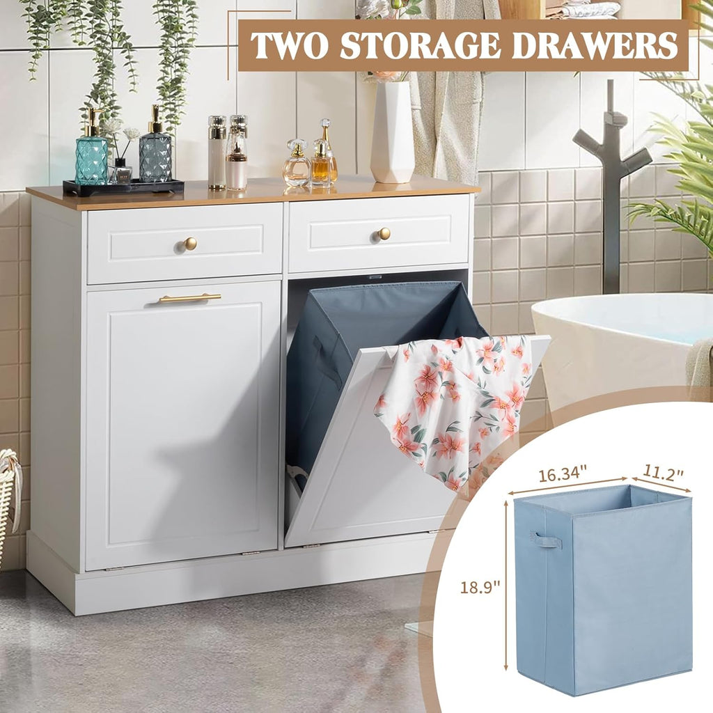 Kitchen Trash Can Cabinet with Drawer and Laundry Hamper, 2 Doors 2 Drawers, White T31625