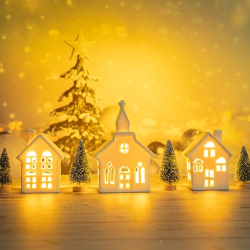 7 Pcs Christmas Miniature Porcelain Village Sets Tabletop Figurine LED House Decorations E5252
