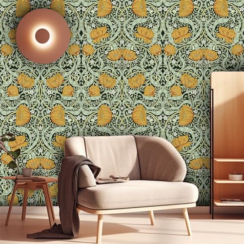 Peel and Stick Wallpaper, Vintage Floral Green Wall Mural, Removable Pre-Pasted D310
